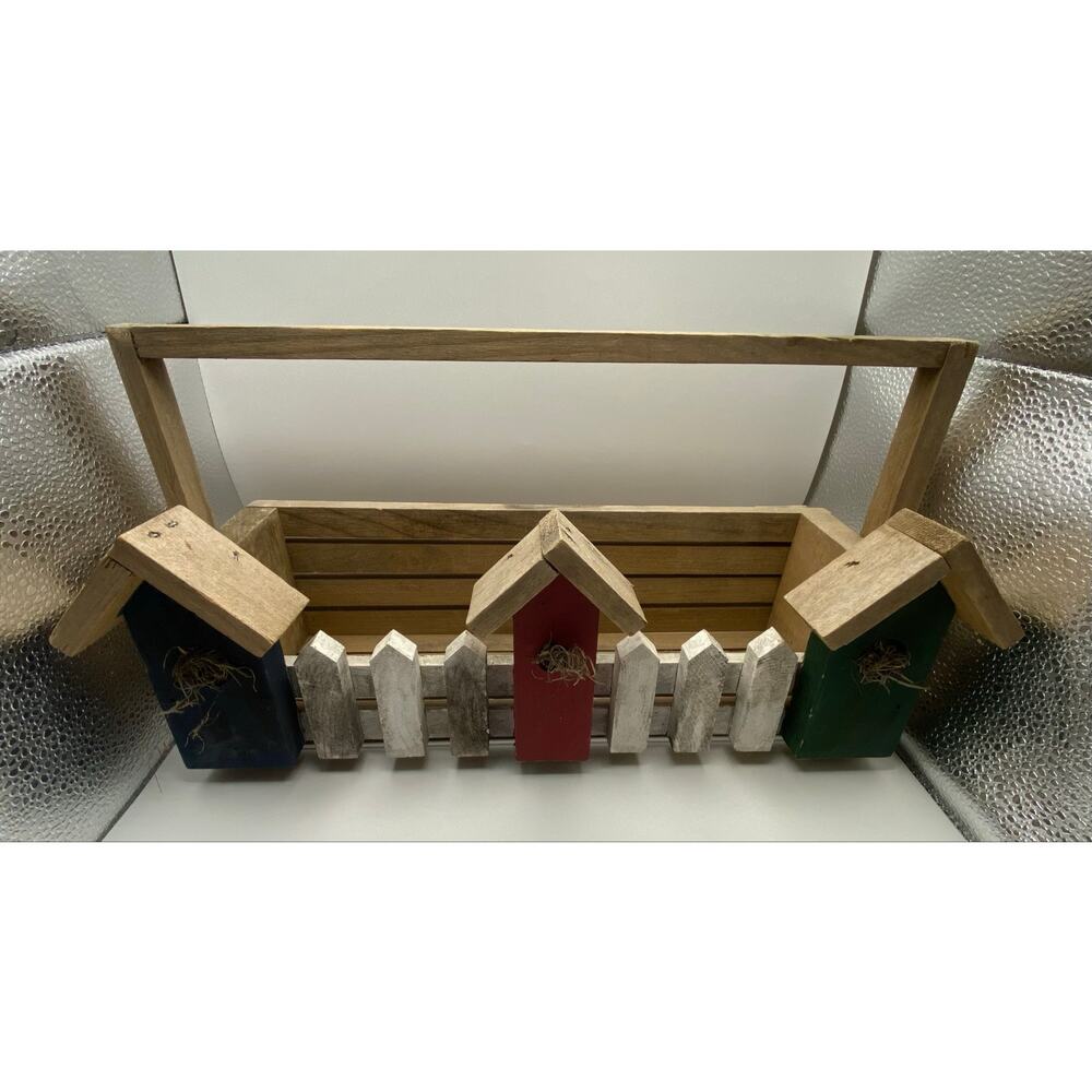 Wood Picket Fence Tray Basket with 3 Birdhouses Farmhouse Decor with Handle